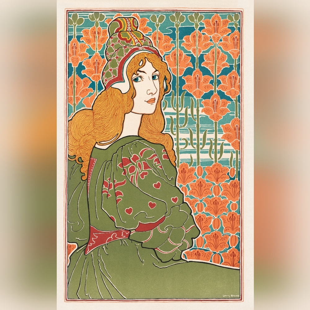 Art Nouveau Style Print with Woman in Green and Red